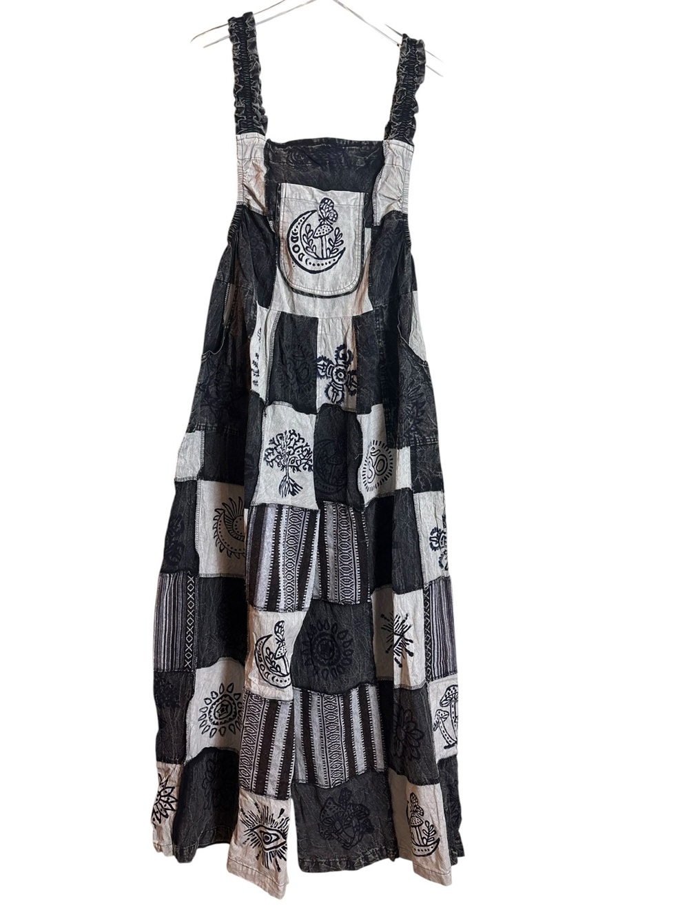 NEW POL Bohemian Patchwork Wide Leg Cotton Jumpsuit Black & Light Gray Sz. Large